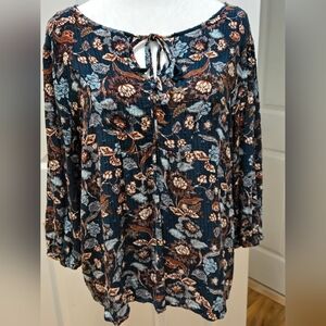 Papermoon Floral V-Neck Women's Top - Multicolor Teal Aand Brown Size L